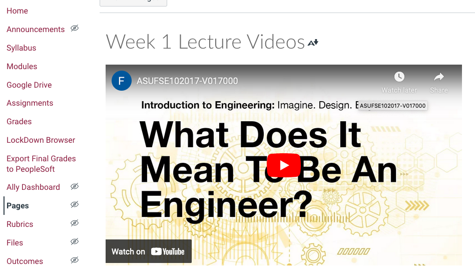 Image of an embedded video titled What Does It Mean to be an Engineer? in a Canvas page.
