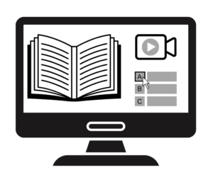 Graphic image of a computer with an e-text book, video icon, and multiple choice questions.